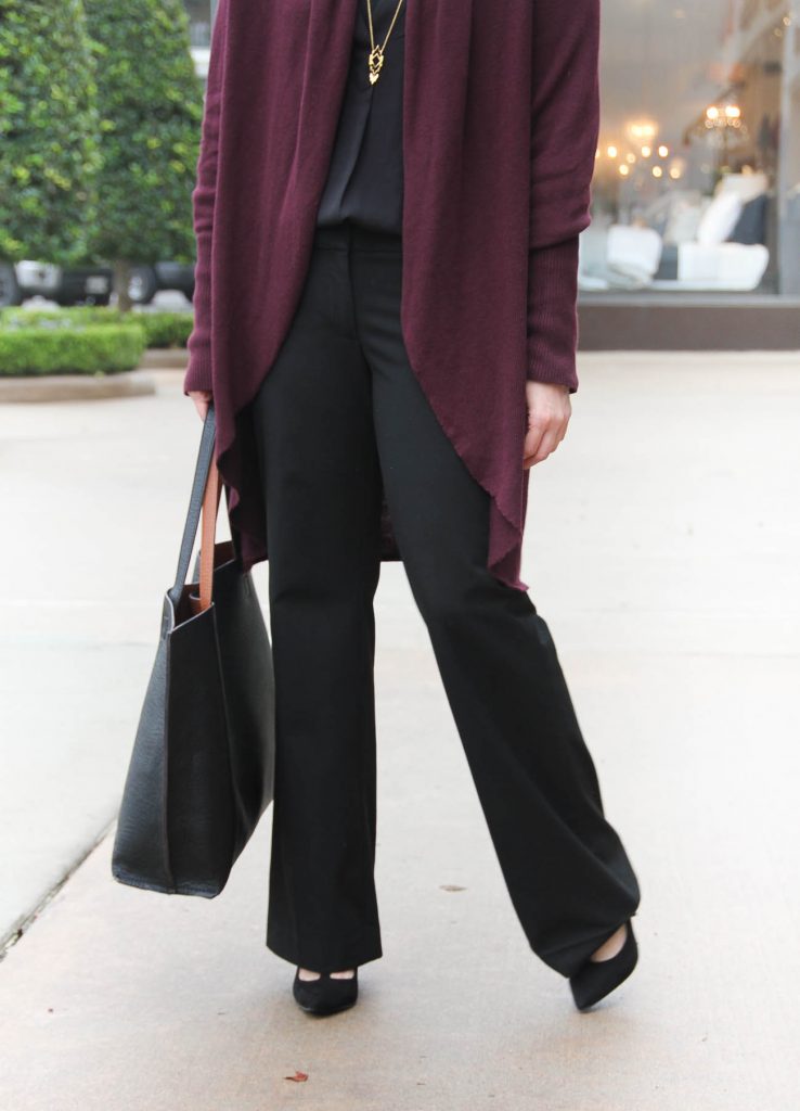 Lady in Violet, a Houston Fashion Blogger shares what to wear with black pants to work in winter months.