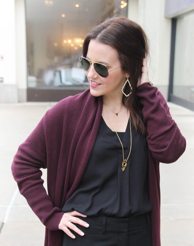 Lady in Violet, a Houston Personal Style Blogger wears Kendra Scott drop earrings with Gorjana layered necklaces.