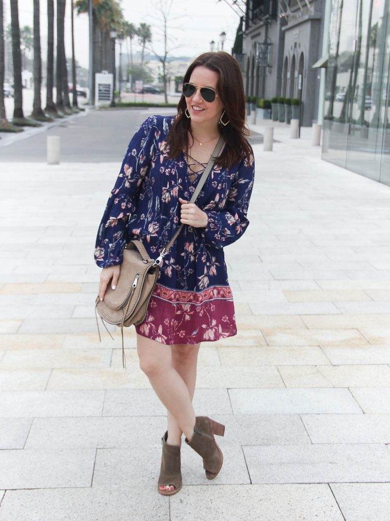 Houston fashion blogger Lady in Violet styles a spring outfit idea featuring a floral swing dress with peep toe booties.