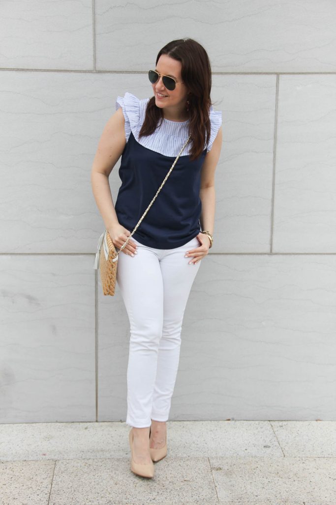 Houston fashion blogger shares a spring outfit idea including a JCrew ruffle bib tee and white jeans.