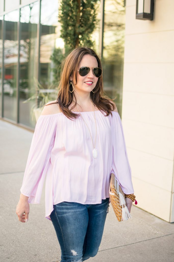 Pink Cold Shoulder top for spring and Kendra Scott Rae Necklace.