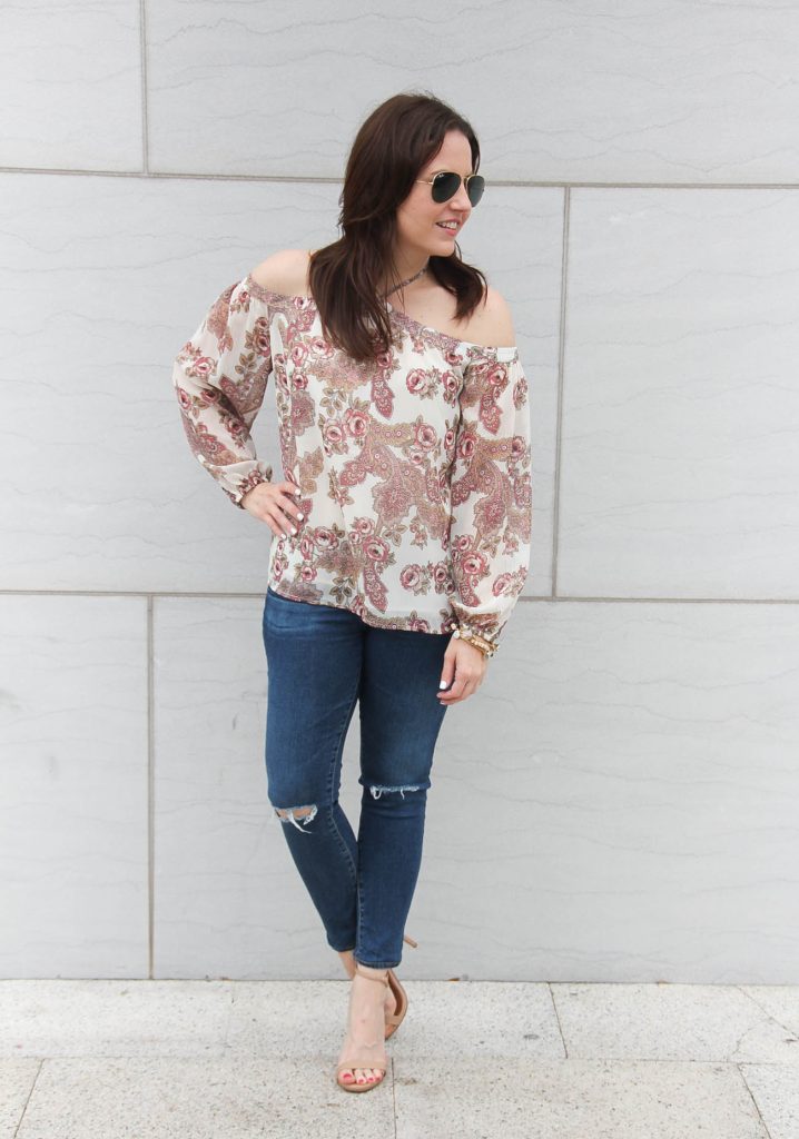 Lady in Violet, a houston based fashion blogger styles a spring weekend casual outfit idea including floral blouse and distressed jeans.