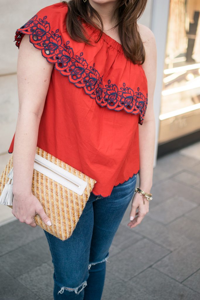 Houston fashion blogger wears the Asos red one shoulder top and the elaine turner sonata bag for spring outfit inspiration.