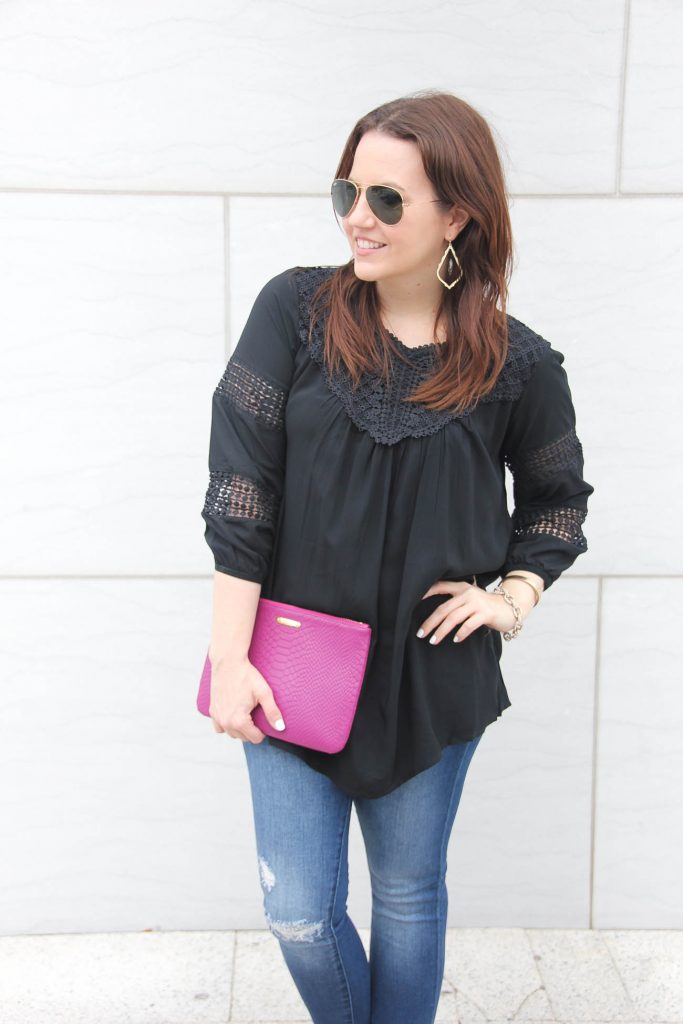 Lady in Violet, Houston fashion blogger wears a perfect black top to wear all year with jeans.