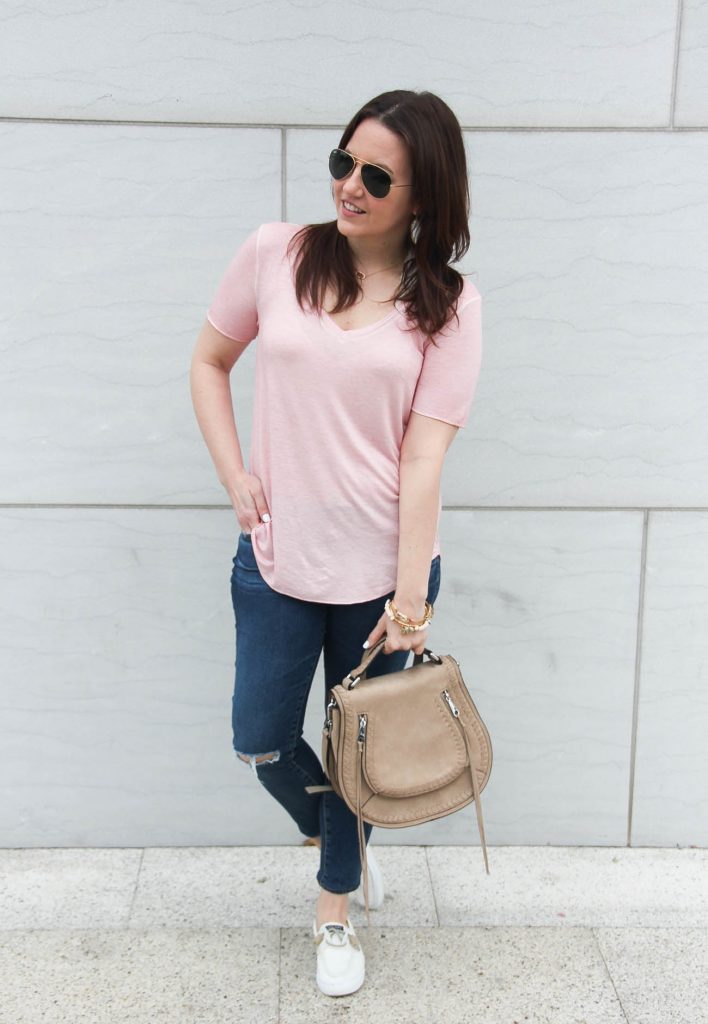 Lady in Violet, a Houston fashion blogger wears casual weekend outfit ideas with jeans and tshirt.