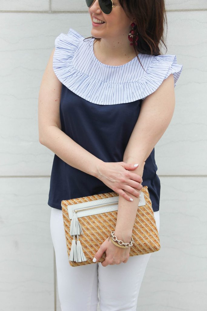 A navy ruffle bib top and more spring outfit ideas.