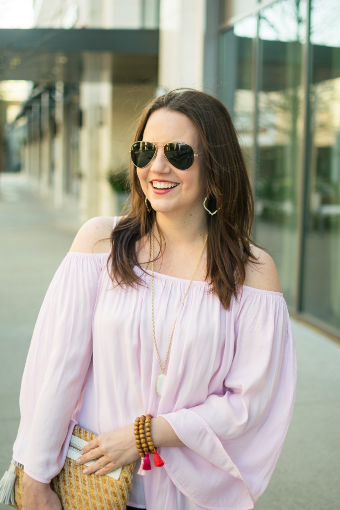 Lady in Violet shares what jewelry to wear with a cold shoulder top.