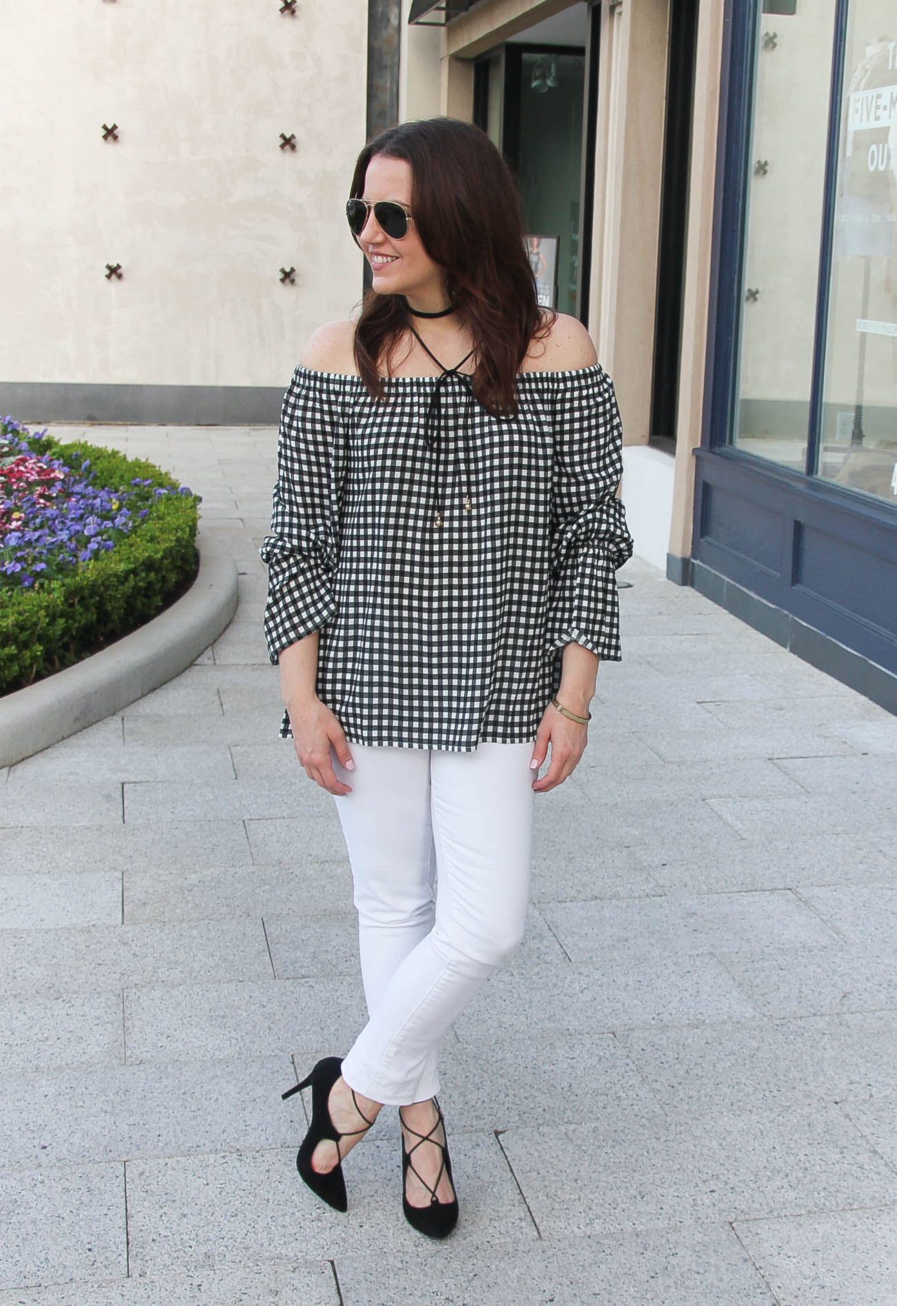 black and white gingham off the shoulder top