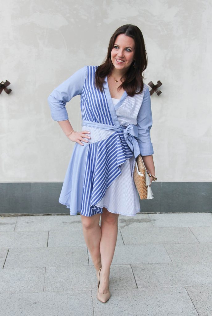 Houston style blogger wears a luncheon outfit idea including an Anthropologie dress and heels.