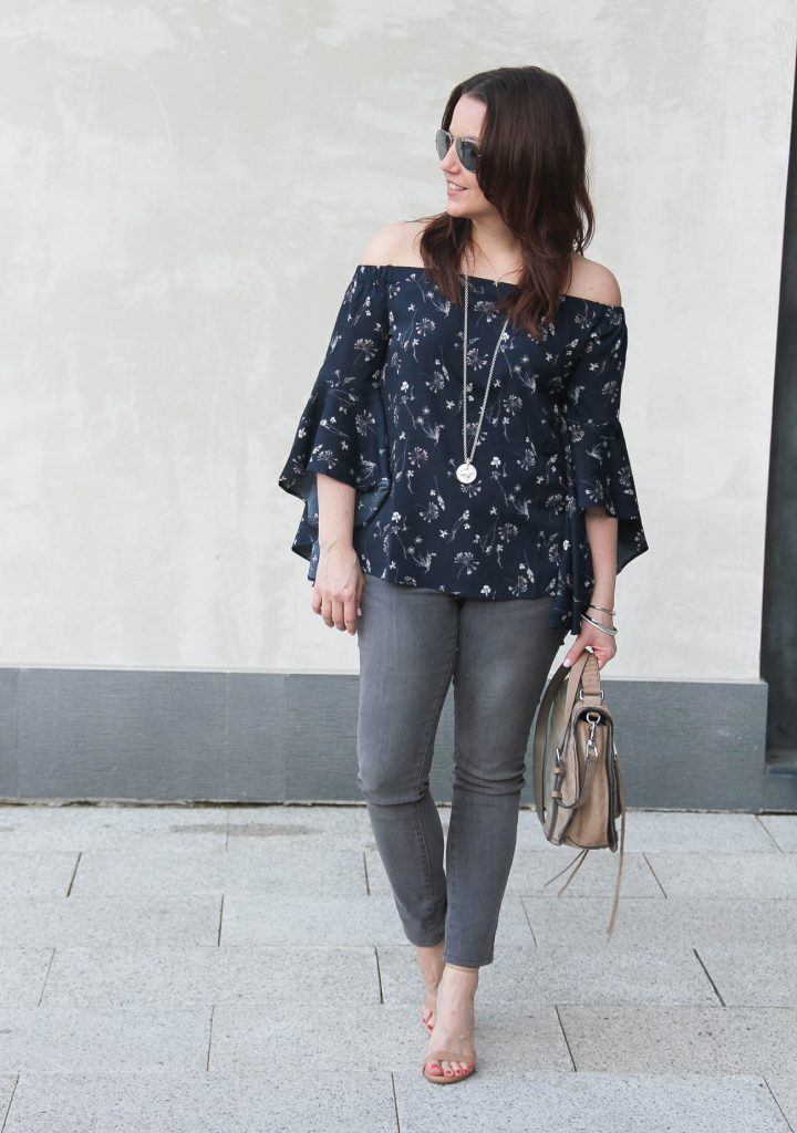 Lady in Violet, a Houston based blogger shares a weekend outfit idea including an off the shoulder top with gray skinny jeans and the Stecy Sandals.