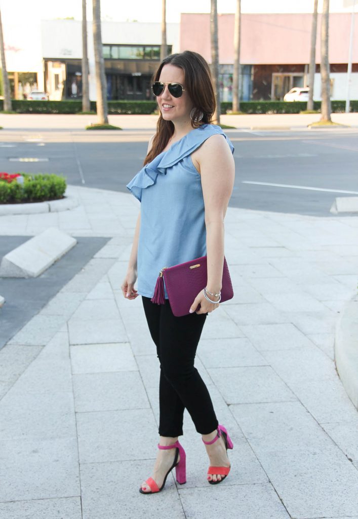 Fashion Blogger Lady in Violet wears spring outfit for date including chambray blouse and black skinny jeans paired with block heel sandals.