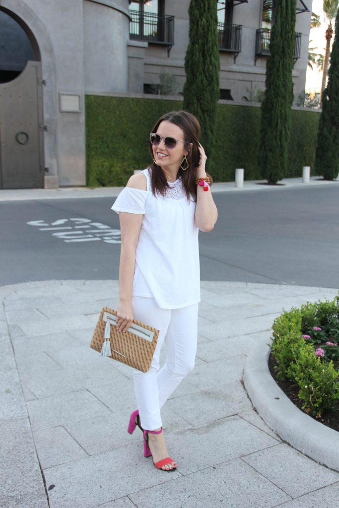 Houston fashion blogger wears all white outfit for spring with two color block heel sandals.