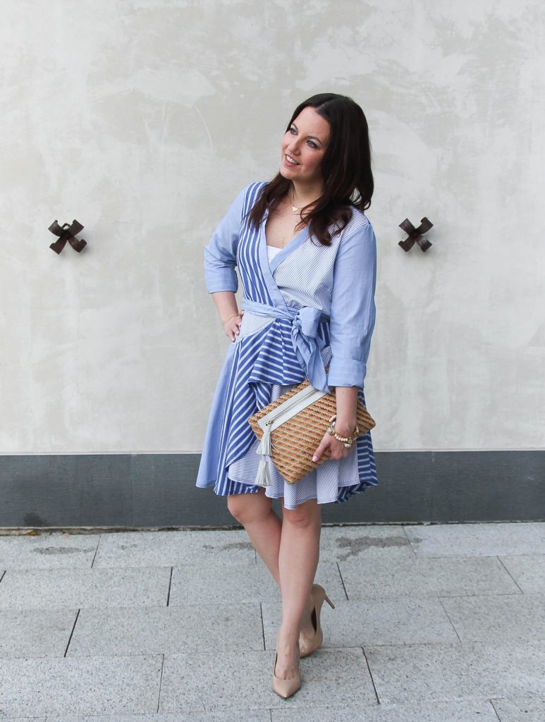 Karen Rock founder of Lady in Violet shares what to wear to a sorority luncheon featuring a wrap dress.