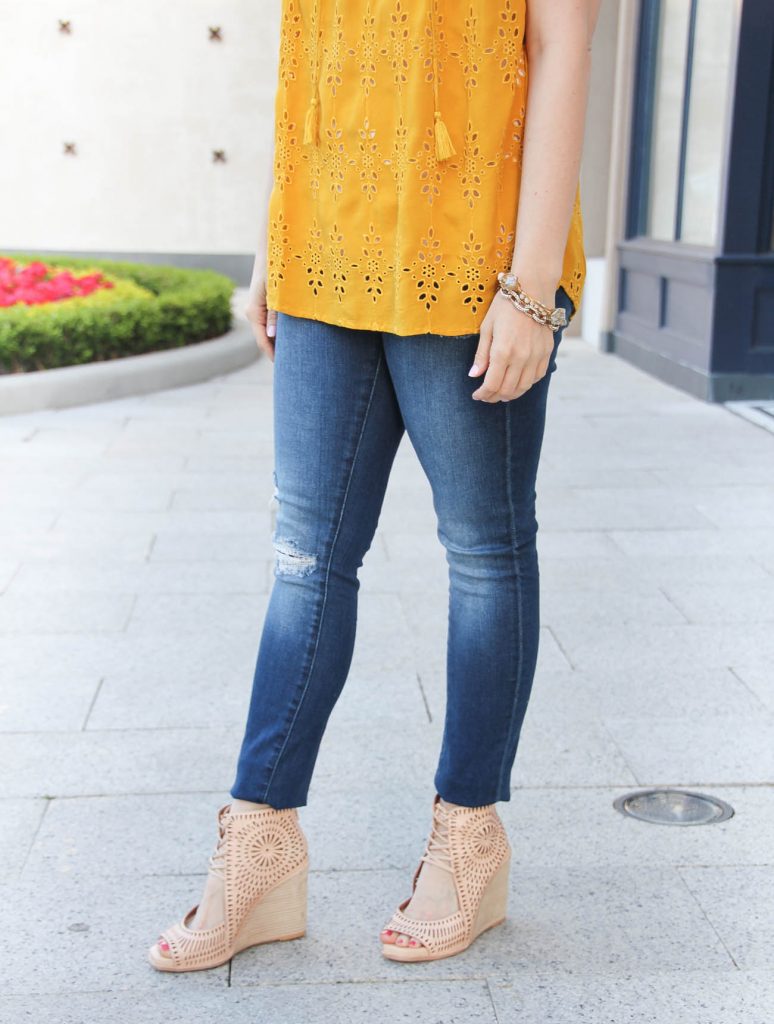 Houston blogger Karen Rock wears Jeffrey Campbell Rayos wedges with distressed jeans and gold bracelets.