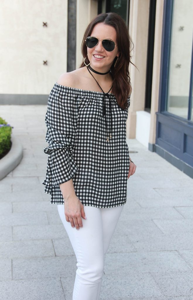 Houston fashion blogger, Lady in Violet, wears gingham off the shoulder top with a choker necklace.