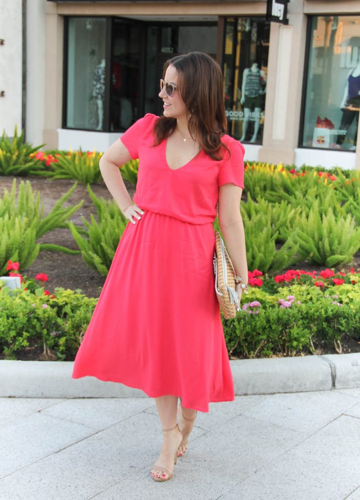 Spring Outfit | Coral Midi Dress | Nude Sandals | Lady in Violet | Houston Style Blogger