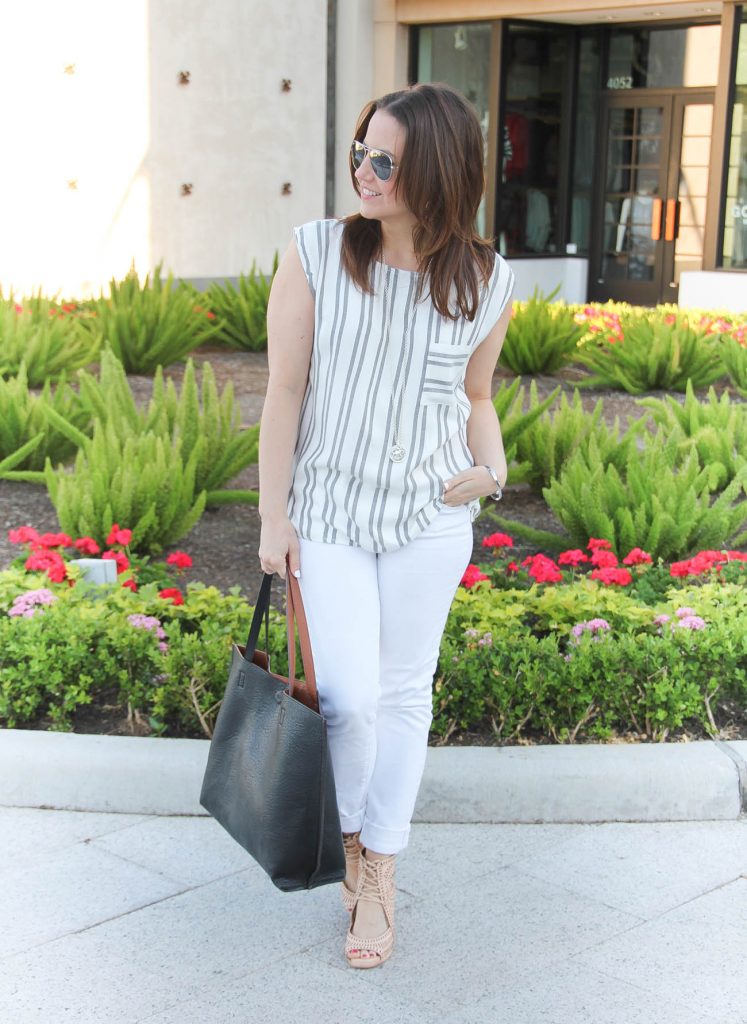 Spring Outfit | Striped Sleeveless Top | White Jeans | Black Tote Bag | Lady in Violet | Houston Style Blogger