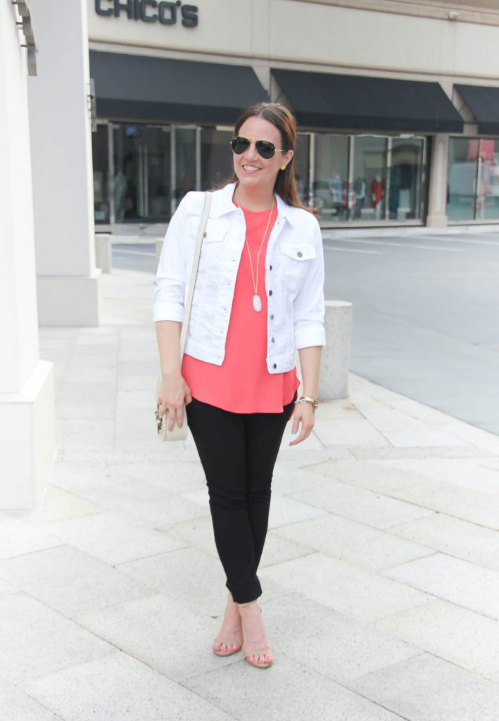 Spring Outfit | White Denim Jacket | Coral Top | Black Skinny Jeans | Lady in Violet | Houston Style Blogger