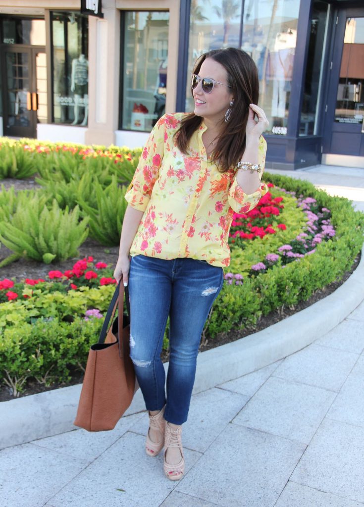 Spring Outfit | Yellow Floral Blouse | Distressed Jeans | Brown Tote Bag | Lady in Violet | Houston Style Blogger