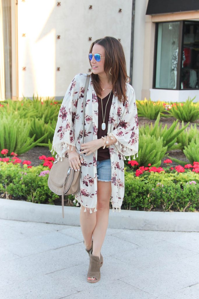 Summer Outfit | Casual Outfit | Floral Kimono | Distressed Shorts | Peep Toe Booties | Lady in Violet | Houston Fashion Blogger