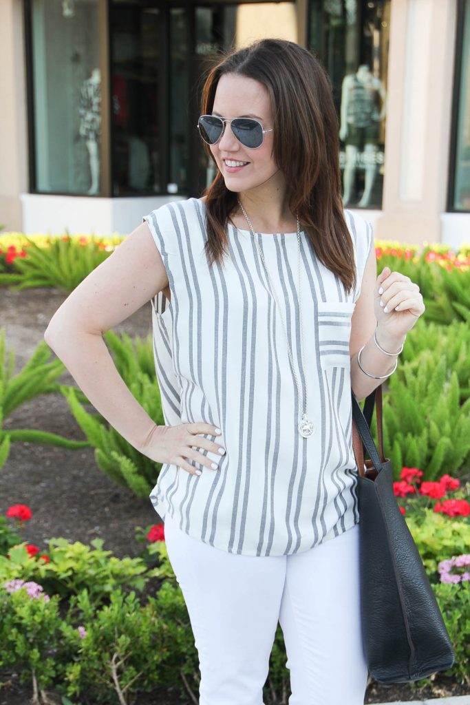 Casual Outfit | Summer Outfit | Gray Striped Sleeveless Top | White Jeans | Long Silver Necklace | Lady in Violet | Houston Fashion Blogger