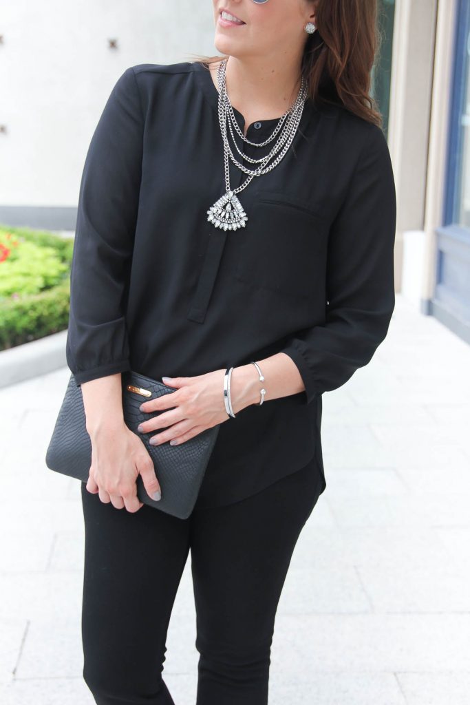 Chic Black Outfit | Baublebar Statement Necklace | Silver Bracelet | Black Blouse | lady in Violet | Houston Fashion Blogger