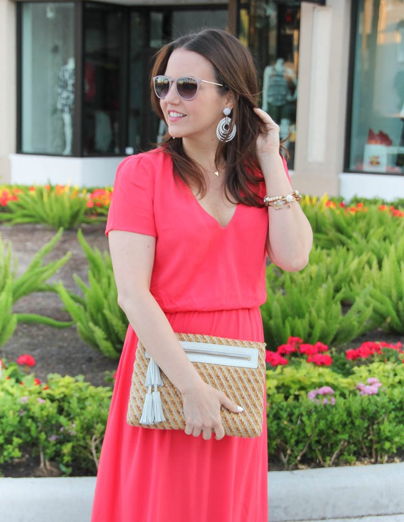 Wedding Guest Outfit | Midi Dress | Straw Clutch | White Statement Earrings | Lady in Violet | Houston Style Blogger