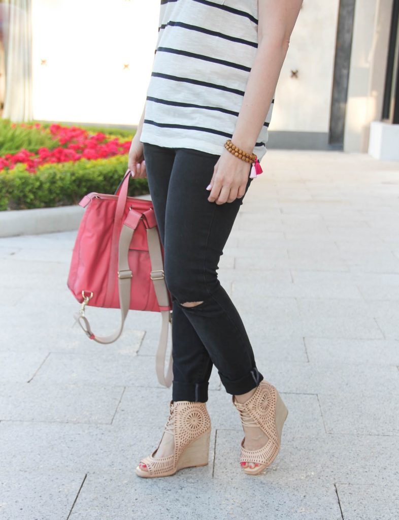 Black distressed jeans and affordable striped tee paired with nude wedge sandals, outfit by Houston Blogger Lady in Violet.