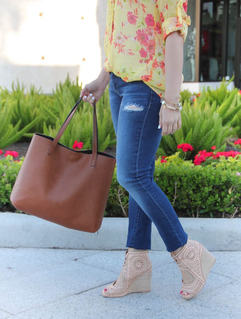 Casual Outfit | Brown Tote Bag | Distressed Jeans | Jeffrey Campbell Wedges | Lady in Violet | Houston Style Blogger