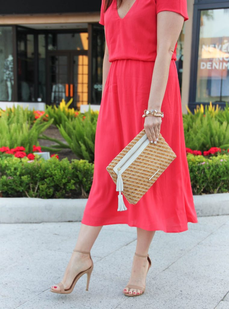 Wedding Shower Outfit | Coral Midi Dress | Straw Clutch | Stecy Sandals | Spring Outfit | Lady in Violet | Houston Fashion Blogger