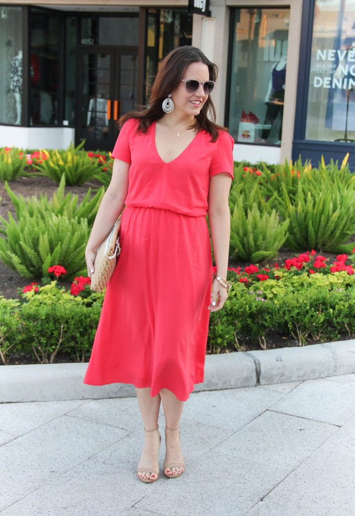 Baby Shower Outfit | Spring Outfit | Coral Midi Dress | Nude Heels | White Earrings | Lady in Violet | Houston Style Blogger