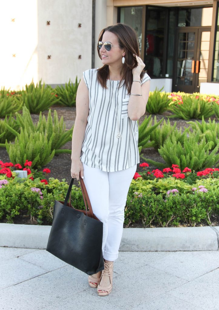 Casual Spring Outfit | Striped Sleeveless Blouse | White Jeans | Nude Wedges | Lady in Violet | Houston Style Blogger