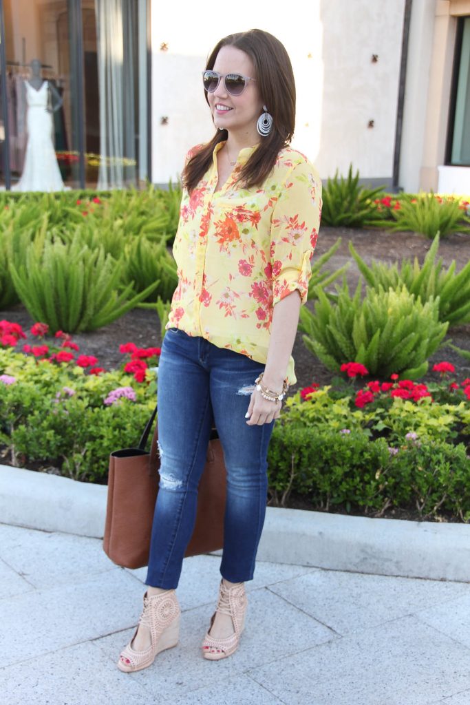 Spring Outfit | Distressed jeans | Yellow Floral Top | Wedge Sandals | Summer Outfit | Lady in Violet | Houston Fashion Blogger