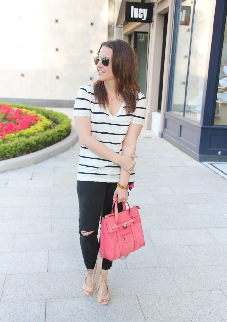 Houston Fashion Blogger wears casual outfit idea striped vneck tee paired with distressed jeans and nude wedge sandals.