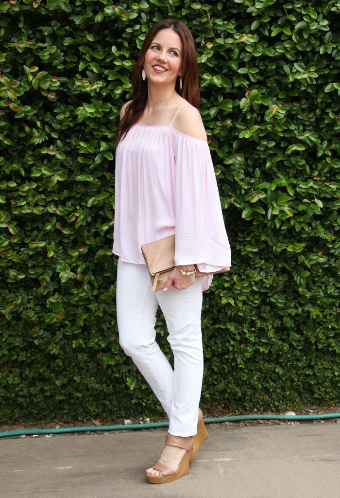 Blush Off the Shoulder Top | White Jeans | Nude Clutch | Spring Outfit | Lady in Violet | Houston Style Blogger