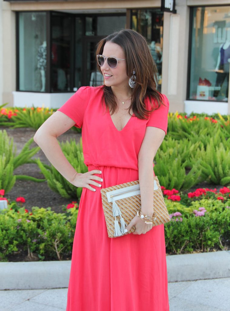 Spring Outfit | Midi Dress | Straw Clutch | Statement Earrings | Gold Bangles | Shower Outfit | Lady in Violet | Houston Style Blogger