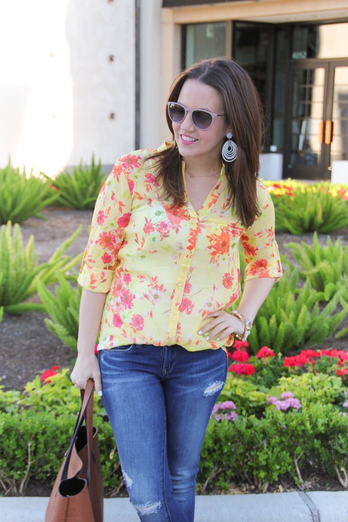 Spring Outfit | Yellow Floral Blouse | White Statement Earrings | Pink Raybans | Lady in Violet | Houston Blogger