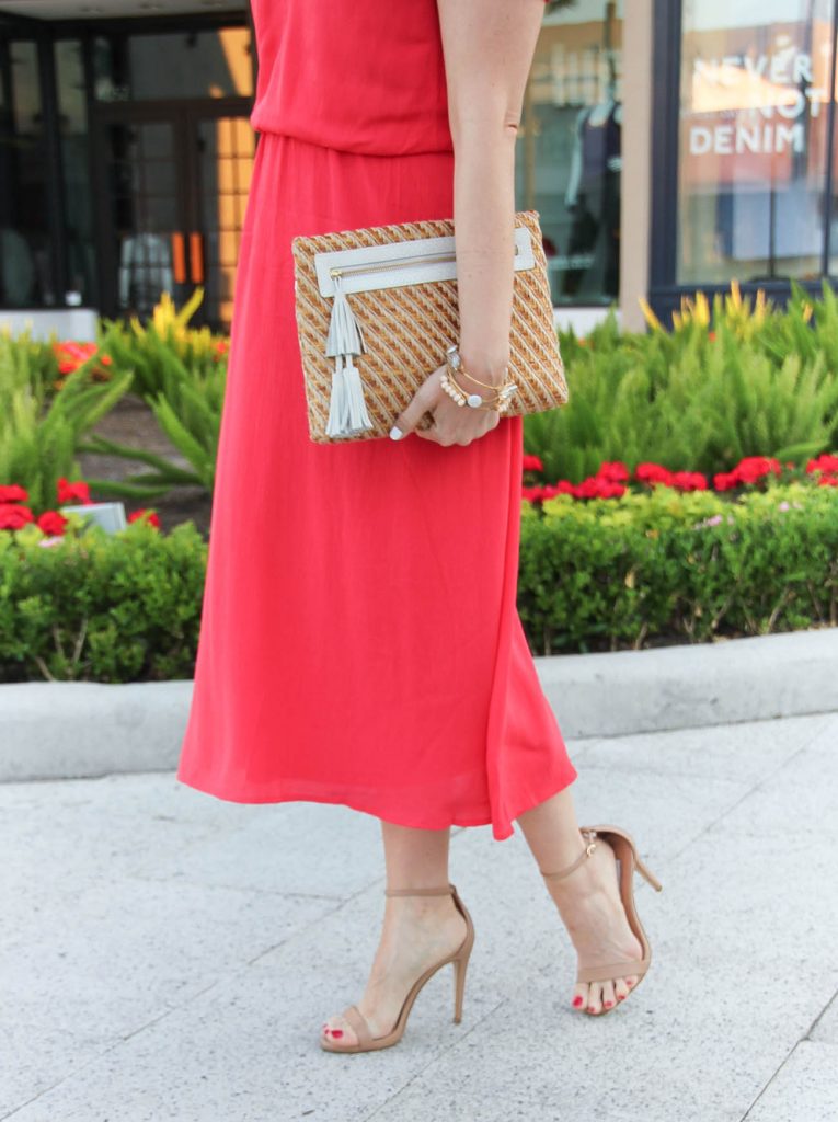 Spring Outfit | Coral Midi Dress | Straw Tassel Clutch | Nude Sandal Heels | Lady in Violet | Houston Fashion Blogger