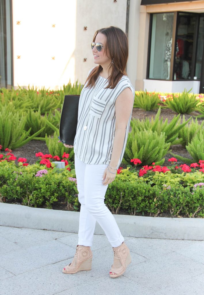 Gray Striped Top White Jeans Lady in Violet Houston Style