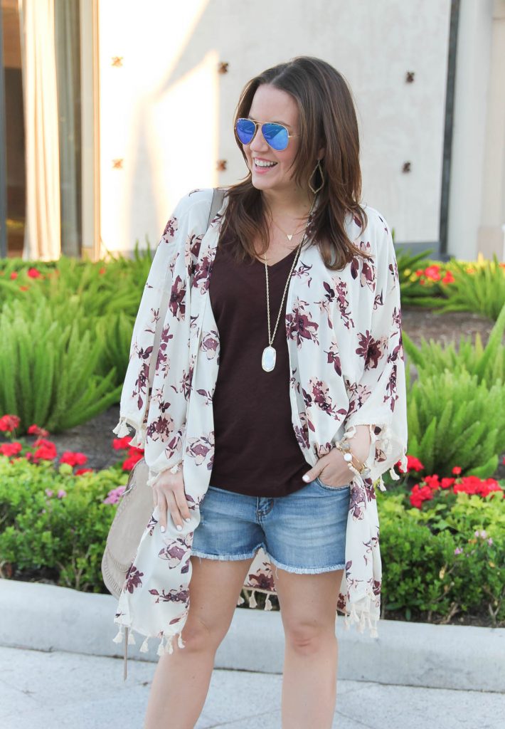Summer Casual Outfit | Distressed Shorts under $40 | Floral Kimono | VNeck Tee | Long Pendant Necklace | Lady in Violet | Houston Fashion Blogger