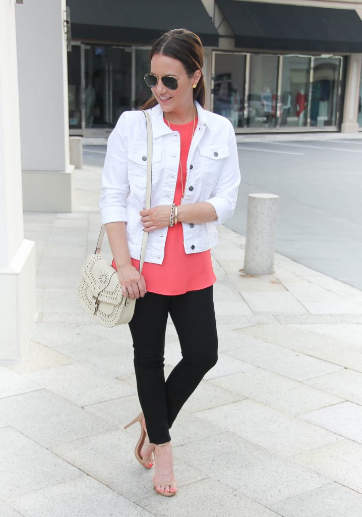 Casual Spring Outfit | White Denim Jacket | Pink Blouse | Black Skinny Jeans | Lady in Violet | Houston Fashion Blogger