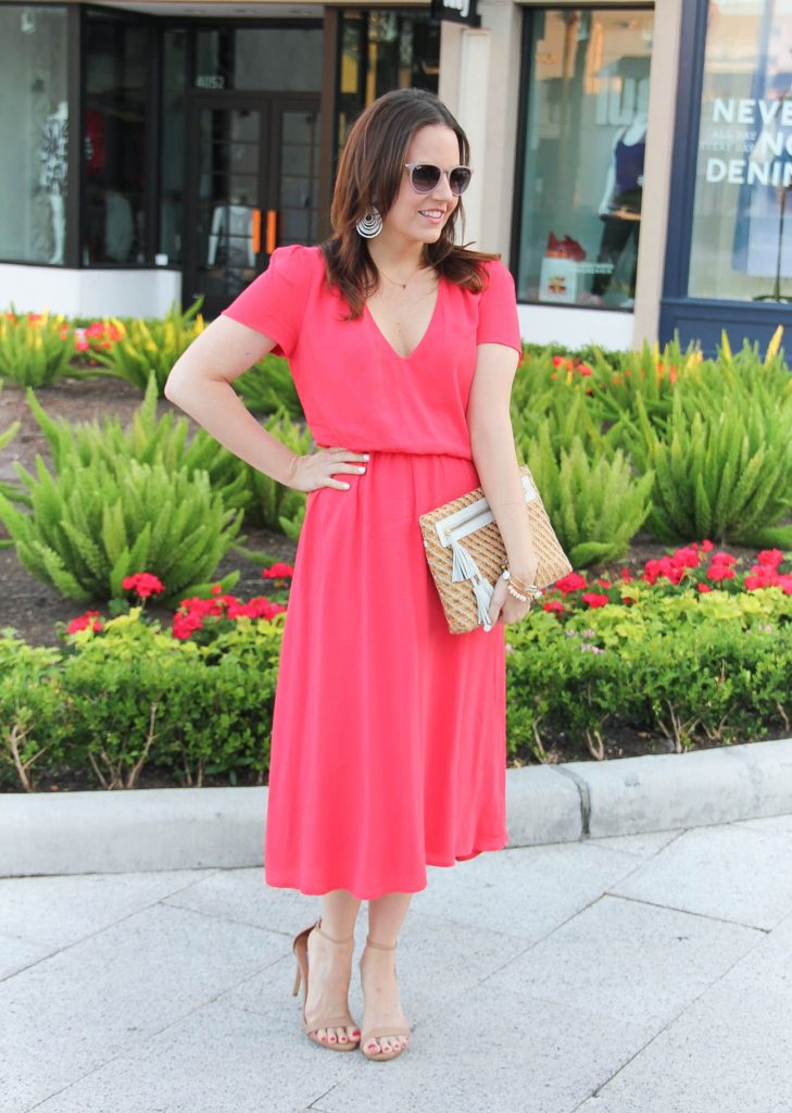 Bridal Shower Outfit | Coral Midi Dress | Straw Clutch | Sandals | Summer Outfit | Lady in Violet | Houston Fashion Blogger