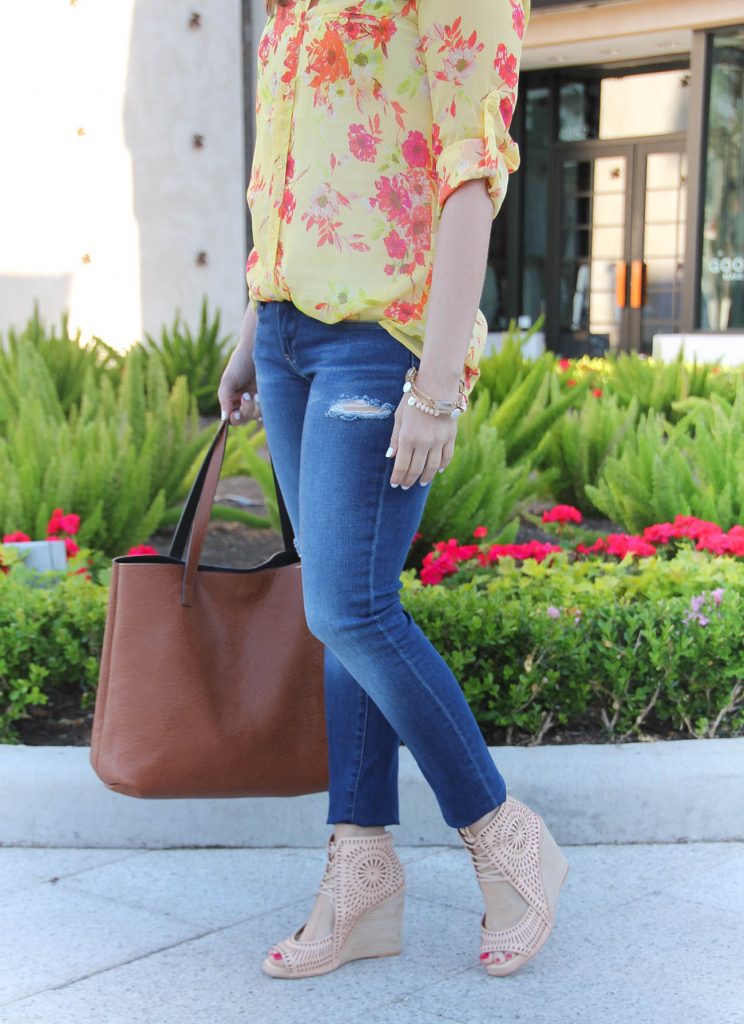 Casual Outfit | Distressed Jeans | Yellow Top | Lace Up Wedge Sandals | Lady in Violet | Houston Style Blogger