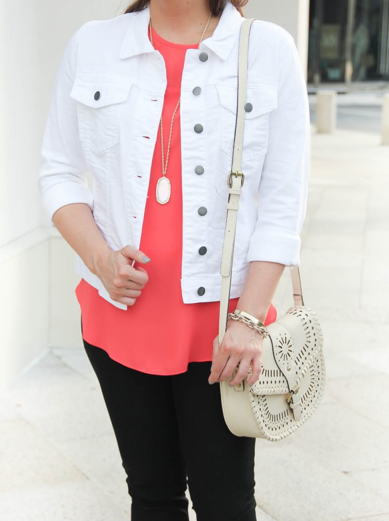 White Denim Jacket under $100 | Kendra Scott Rae Necklace | Lady in Violet | Houston Style Blogger