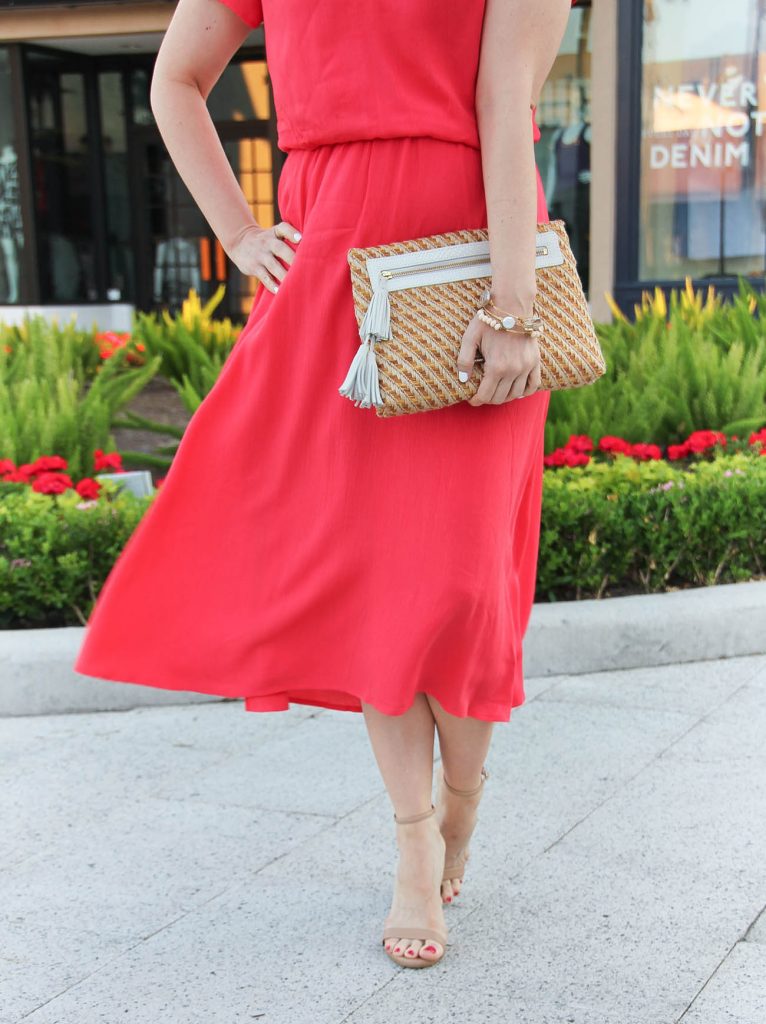 Spring Wedding Outfit | Coral Midi Dress | Stecy Sandals | Straw Clutch | Lady in Violet | Houston Fashion Blogger