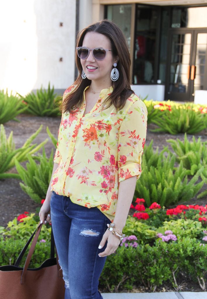 Spring Outfit | Yellow Floral Blouse | Distressed Jeans | White Statement Earrings | Casual Outfit | Lady in Violet | Houston Fashion Blogger