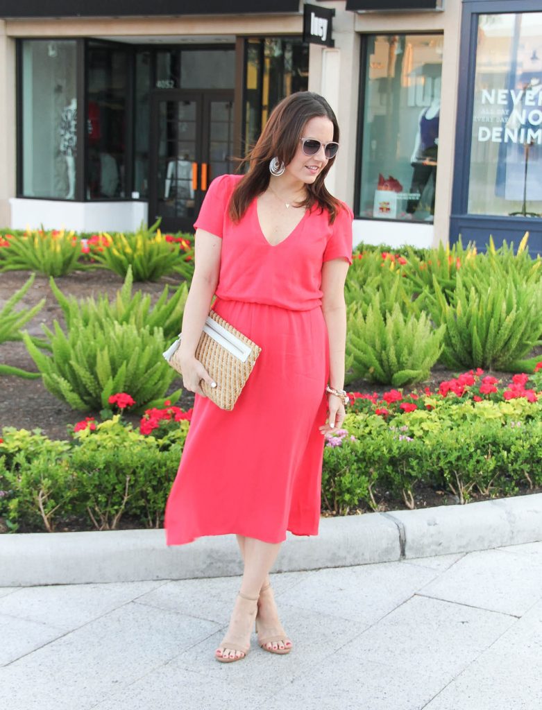 Spring Outfit | Midi Dress | Straw Clutch | Nude Spring Sandals | Lady in Violet | Houston Fashion Blogger