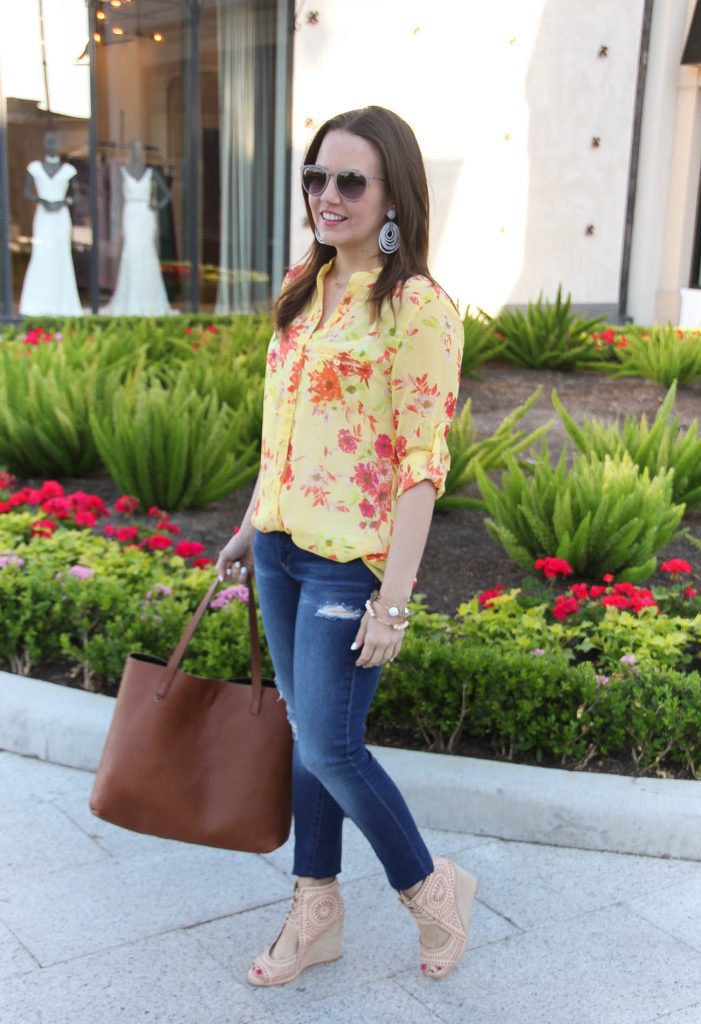 Spring Outfit | Yellow Floral Top | Distressed Jeans | Lace up wedges | Casual Outfit | Lady in Violet | Houston Style Blogger