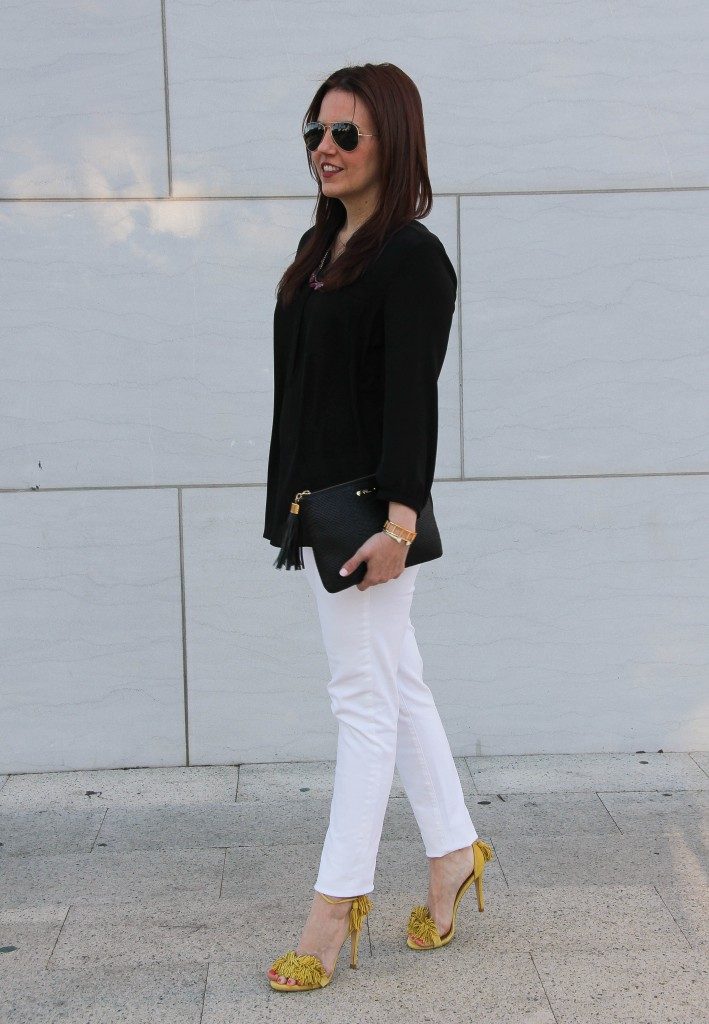 Outfit Idea | Black Blouse | White Jeans | Yellow Fringe Heels | Lady in Violet | Houston Style Blogger