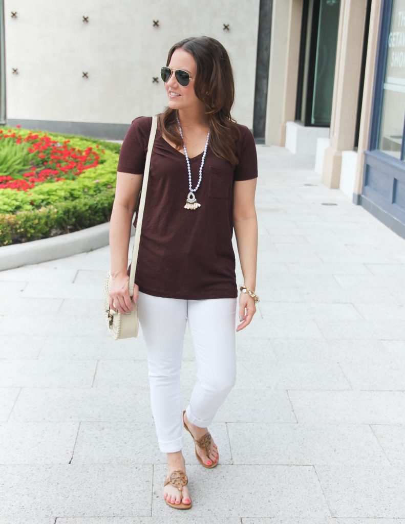 Summer Vacation Outfit | Vneck Tee | White Jeans | Tory Burch Sandals | Lady in Violet | Houston Style Blogger